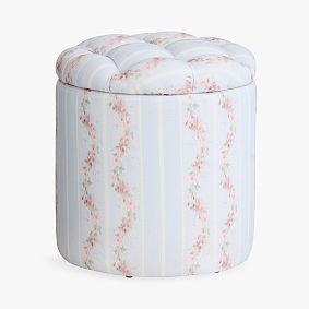 Open Box: LoveShackFancy Tufted Round Storage Ottoman - Sun Terrace Stripe Blue