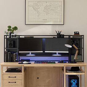 Smart Wide Gaming Desk &amp; Locker Hutch Set (69.5"w x 10"d)