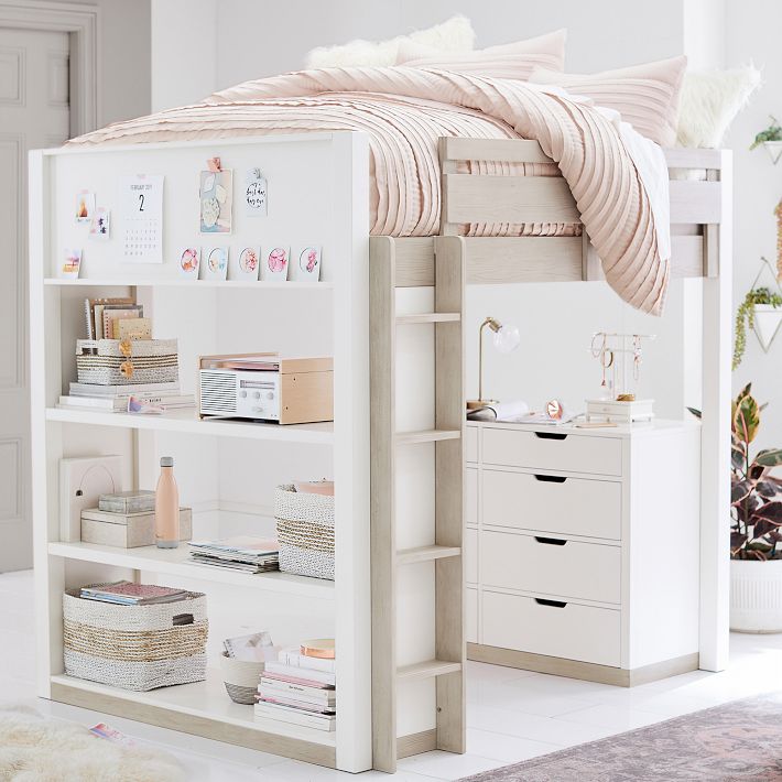 Rhys Loft Bed with Dresser Set, Full, Weathered White/Simply White