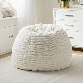 Large Ruched Fur Ivory Bean Bag Chair