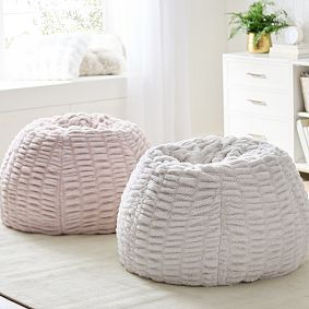 Large Ruched Fur Ivory Bean Bag Chair