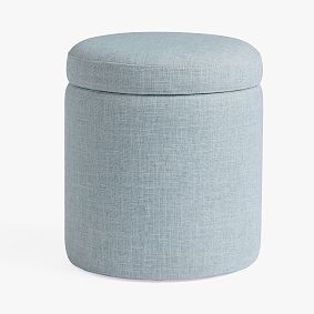 Open Box: Simple Round Storage Ottoman - Eco-Performance Texture Weave Chambray