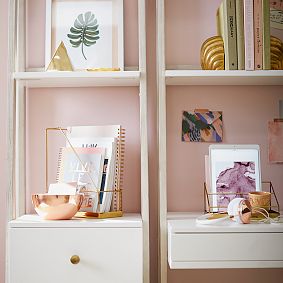 Highland Wall Desk &amp; Narrow Bookshelf with Drawers Set (68"w x 20"d)