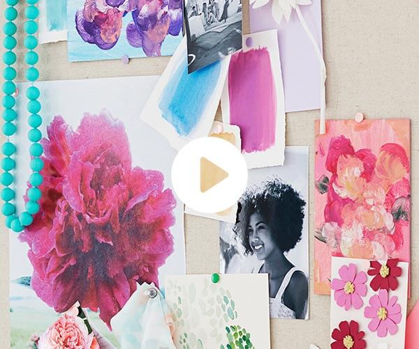 Bulletin board of swatches and floral art