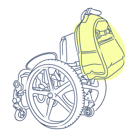 Three sketches are shown side by side depicting how the same Pottery Barn Teen Gear-Up Adaptive Backpack can be attached to all the most common assistive devices, including a walker and various wheelchairs.