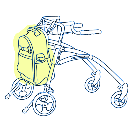 Three sketches are shown side by side depicting how the same Pottery Barn Teen Gear-Up Adaptive Backpack can be attached to all the most common assistive devices, including a walker and various wheelchairs.