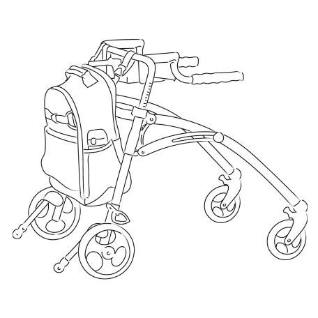 Three sketches are shown side by side depicting how the same Pottery Barn Teen Gear-Up Adaptive Backpack can be attached to all the most common assistive devices, including a walker and various wheelchairs.