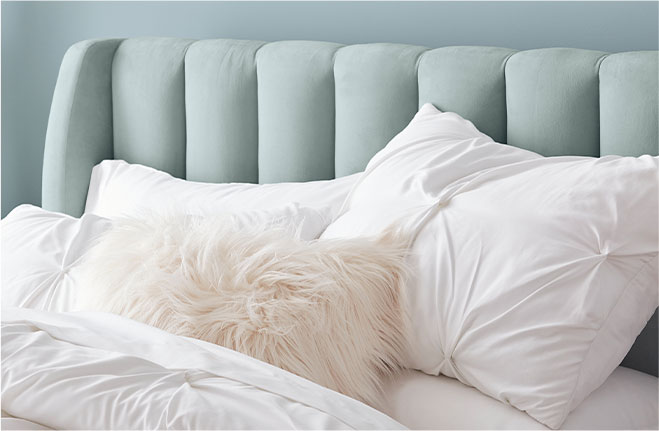 Performance Everyday Velvet Light Pool on the Avalon Channel Stitch Upholstered Bed