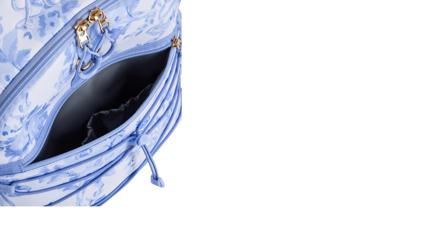 Gallery of five images showing the Gear-Up Adaptive Backpack's main features, including smooth-glide zipper pulls; insulated front pockets; access ports for tubes and cables; a roomy interior with pockets for hanging feeding bags, equipment and school essentials; and versatile mounting options for mobility devices. This image displays the insulated front pockets feature.