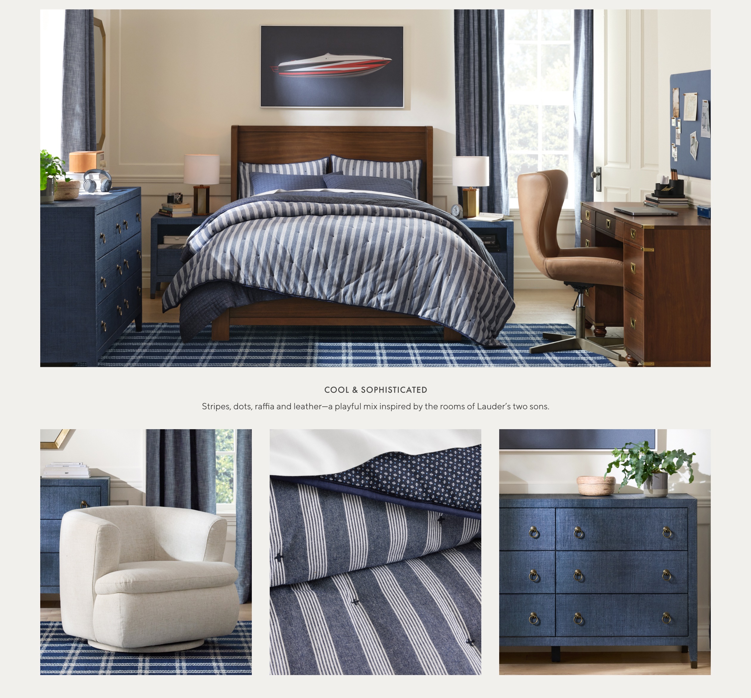 Back in blue, mix patterns, cozy textures and shades of blue for a tranquil, sophisticated vibe.