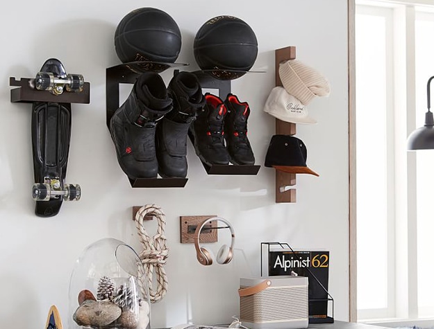 wall organization with sports equipment