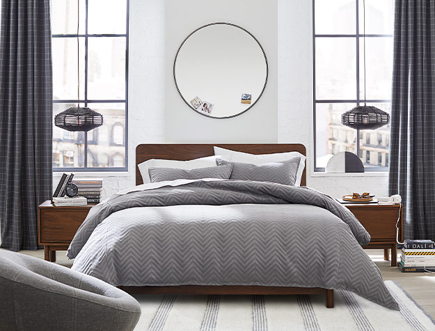 gray bedroom with blackout curtains