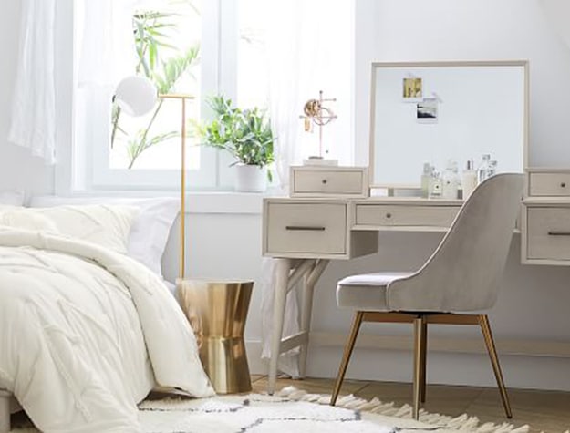 mid-century vanity in white bedroom