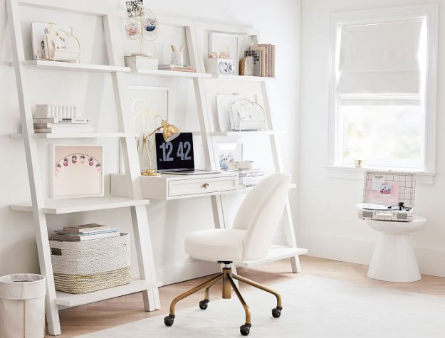 white shelving unit with desk space