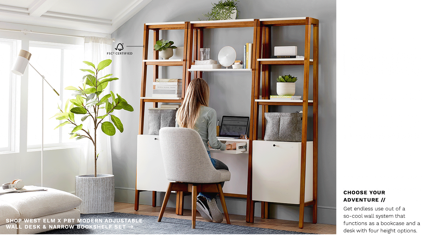 west elm x pbt Modern Adjustable Wall Desk & Narrow Bookshelf Set