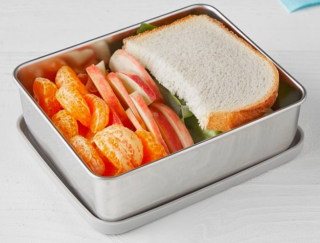 Stainless steel box with sandwich and fruit