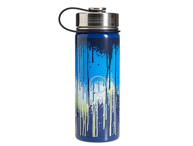 Blue waterbottle decorated with spray paint pattern