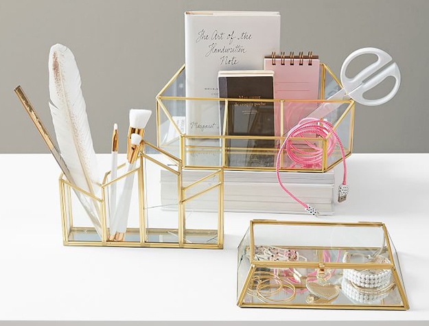 Gold sectional pencil holder, organizer and jewelry holder
