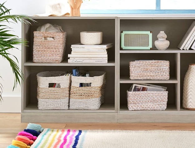 Wood gray shelves with woven striped shimmer bins