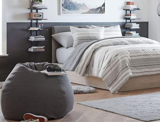Charcoal grey bean bag chair in bedroom