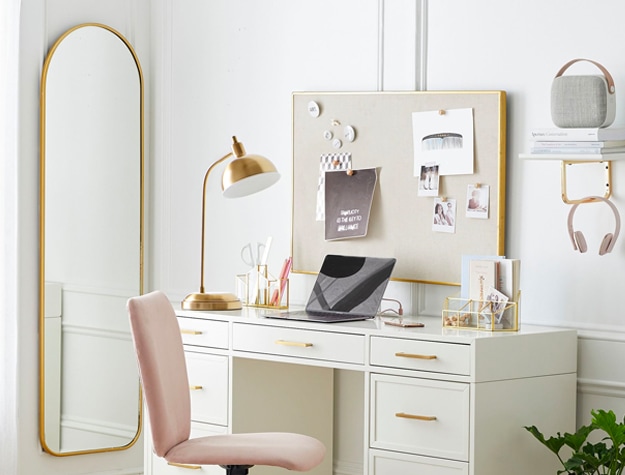 Metal Framed Full-Length Mirror hanging on a gray wall beside a white desk.