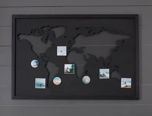 world map pinboard with photos