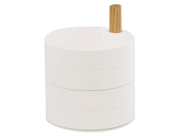 White wood cylindrical jewelry storage tray