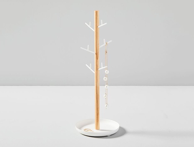 Wooden tree-shaped jewelry stand with necklace