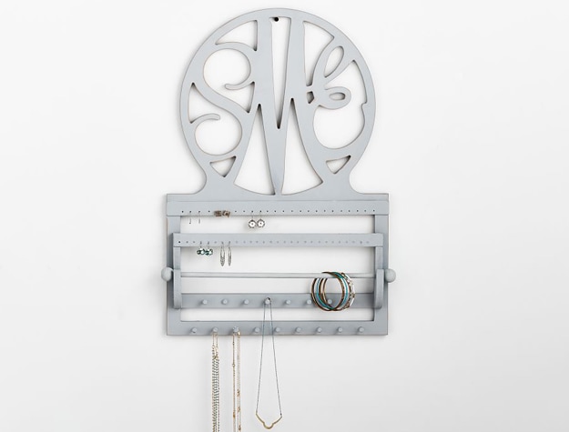 Gray wood wall-mounted jewelry holder with monogram