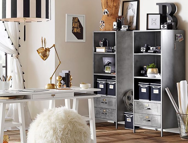 Locker bookcase with storage drawers in a bedroom.