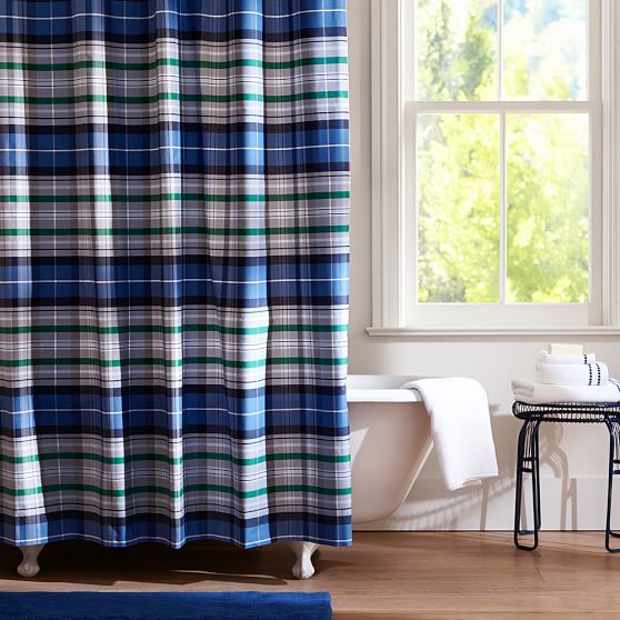 Navy Portsmith Plaid Teen Shower Curtain | Pottery Barn Teen