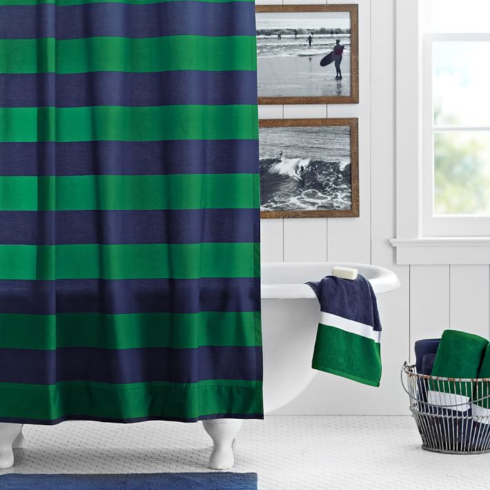 Rugby Stripe Shower Curtain Navy Green, Blue And Green Striped Shower Curtain