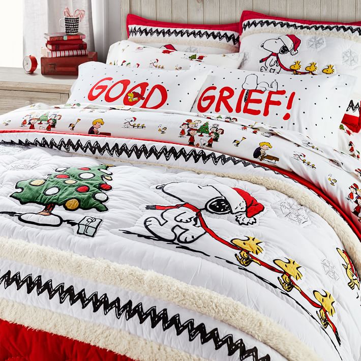 Bedding Pottery Barn Kids Peanuts Snoopy Twin Holiday Quilt Christmas Nwt Woodstock Home Garden