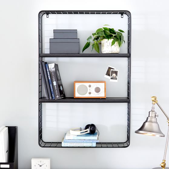 Metal Grid Wall Bookcase Pottery Barn, Cool Wall Shelves