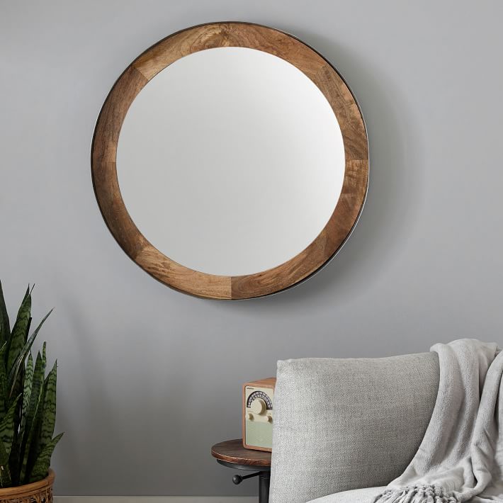 Round Wood And Metal Wall Mirror, Round Mango Wood Mirror