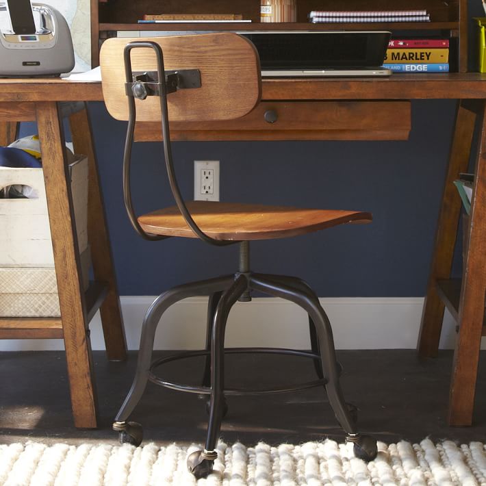 Vintage Wood Swivel Chair Teen Desk, Wooden Desk Chair With Wheels