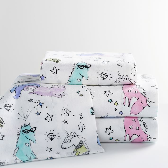 Details about   Pottery barn kids Organic Flannel Rainbow Unicorn Queen Sheet set Pink Horse 