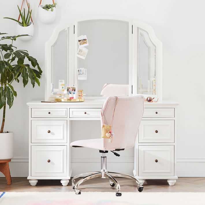 white bedroom with desk