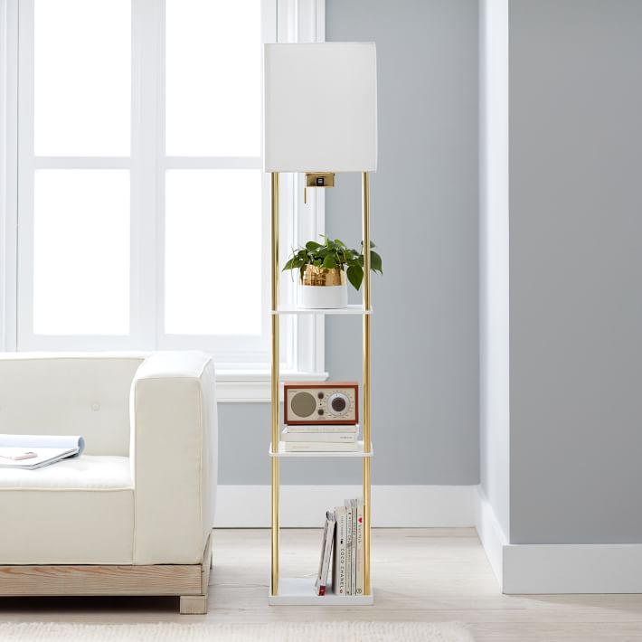 gold floor lamp with shelves