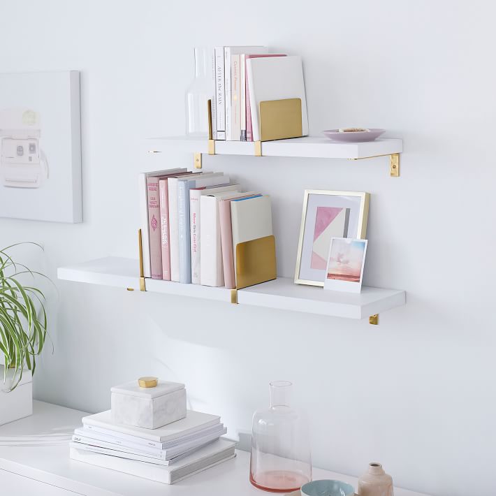 Wooden Shelf With Metal Bookend Sliders- White/Gold