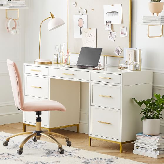 white and gold desk with storage