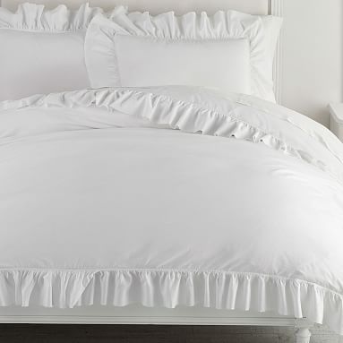 Washed Cotton Ruffle Organic Duvet Cover, Single/Single XL, White