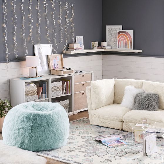 Feathery FauxFur Porcelain Blue Bean Bag Chair Pottery Barn Teen