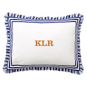 White & Blue Plaid-Border Monogram Decorative Pillow