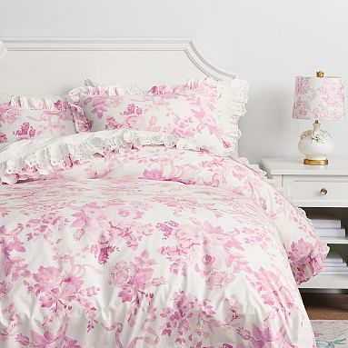 Pink Floral Ruffled Duvet Cover Set, Cotton Bedding Sets