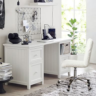 Beadboard Classic Small Space Desk and Sherpa Ivory Airgo Desk Chair Set