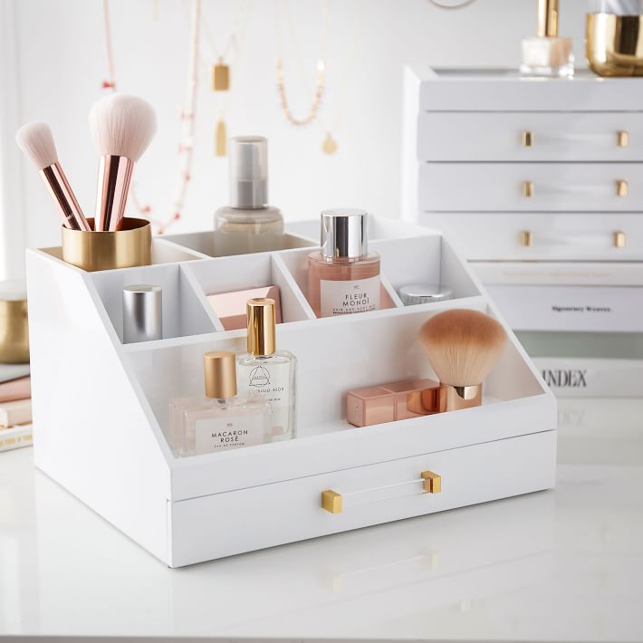 Makeup Organizer Desk Storage Display Box with 2 Drawers in White