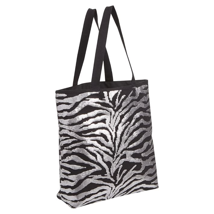 Sequin Tote Bag, Silver Zebra