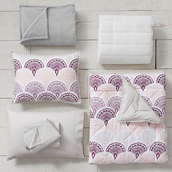 Feather Scallop Deluxe Comforter Set with Comforter, Sheet Set, Pillowcase, Mattress Pad, Pillow Inserts + Blanket