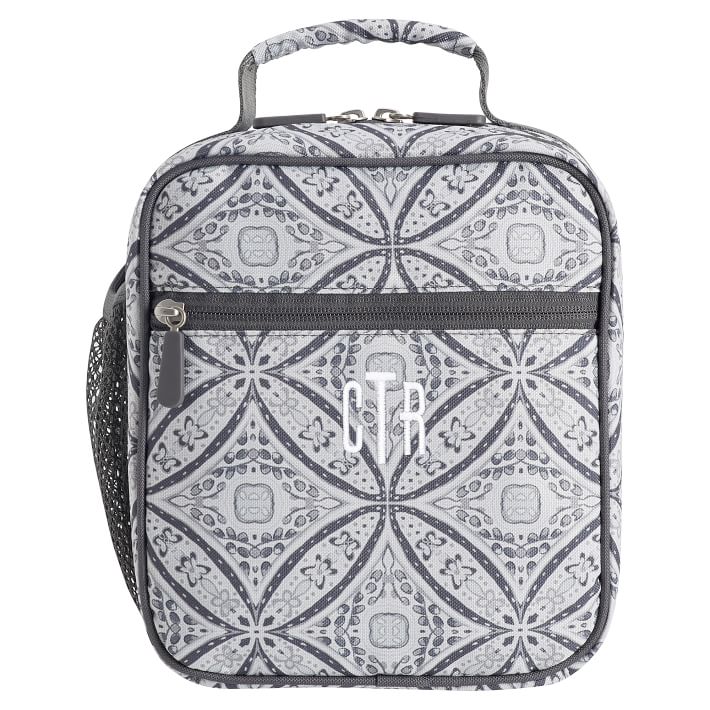 Monogrammed Lunch Bag Gray Paisley Mint Trim 